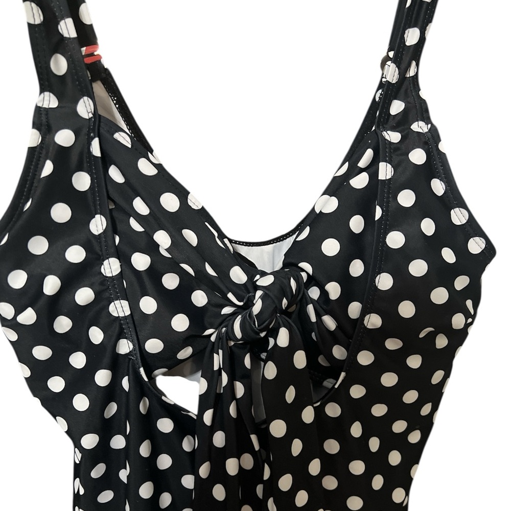 NWOT Black and White Polka Dot swim top long sash tie in front of cut out XL